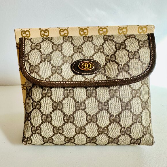 AUTHENTIC GUCCI SIGNATURE GG COATED CANVAS LEATHER TRIM COSMETIC POUCH VINTAGE - Picture 2 of 15
